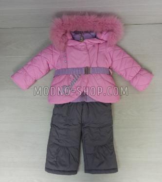 Костюм "тройка" : куртка + комбинезон + жилетка для девочки зима розовый + фиолетовый (751)